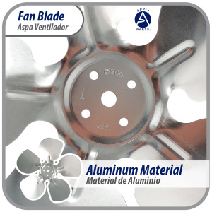 Appli Parts APFB-A08CCW Aluminum Fan Blade 8 in, 200 mm, CCW, 28 degrees, hubless 5 holes, 5 wings