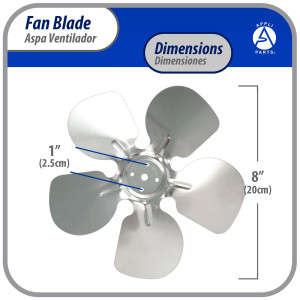Appli Parts APFB-A08CCW Aluminum Fan Blade 8 in, 200 mm, CCW, 28 degrees, hubless 5 holes, 5 wings