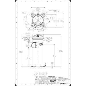 Danfoss DCJ091T4LC6 7.5 tons 91, 000 btu/h R410A Scroll compressor for Air conditioning 380-415/3/50, 460/3/60 V/Ph/Hz Discharge 7/8 in, Suction 1-1/8 in, ODF, PVE Oil, 121L5001, 121L5000, 121L8911