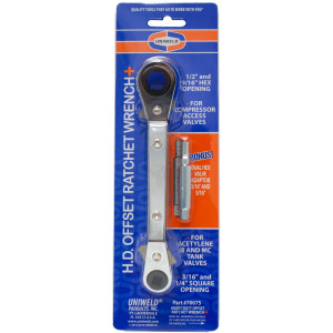 Uniweld 70075 Heavy Duty Offset Ratchet Wrench, 1/2 and 9/16 in Hex opening, 3/16 and 1/4 in Square opening, with 3/16 and 5/16 in Dual Hex Valve Adapter