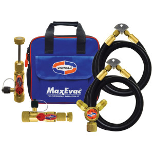 Uniweld MaxEvac Pro Kit MEPK14 includes 72 in 1/2 MaxEvac hose with 3/8 straight x 1/4 straight connections, valve core tool assembly side port, Y adapter 3/8FF x 3/8MF, hose bracket and storage bag