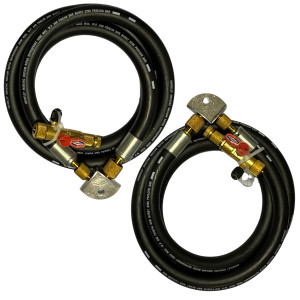Uniweld MaxEvac Pro Kit MEPK14 includes 72 in 1/2 MaxEvac hose with 3/8 straight x 1/4 straight connections, valve core tool assembly side port, Y adapter 3/8FF x 3/8MF, hose bracket and storage bag
