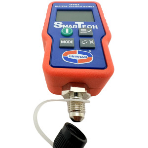 Uniweld UVG3 Smartech Digital Vacuum Gauge, Backlit Display. 0-15000 Micron Range
Max Over pressure 500psi, UVGA adapter Included
Requires 1 CR132AA Battery (included)