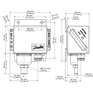 Danfoss 060-310466 Pressure Switch KPS33 Regulation range Pe 0 - 3.5 bar, Differential  0.2 bar , Reset function: Auto, Pressure connection type G, Pressure connection size 1/4, Enclosure rating IP IP67, MWP 10 bar  Danfoss 060-310466 Pressure Switch KPS33 Regulation range Pe 0 - 3.5 bar, Differential  0.2 bar , Reset function: Auto, Pressure connection type G, Pressure connection size 1/4, Enclosure rating IP IP67, MWP 10 bar