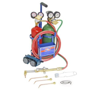 Uniweld KL71-4C Welding, Brazing, Cutting Outfit: Handle, Welding/Brazing Tips, Cutting Attachment, Cutting Tip, Oxygen Reg., Acetylene Reg., Twin Hose, Goggles, Lighter, Tank Key, Stand, Tanks