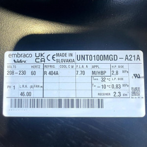 Embraco UNT0100MGD-A21A Unidad Condensadora 1HP R-404a 230 V,1 Ph,60 Hz M-HBP, sin Cerramiento
