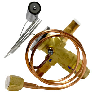 Danfoss 067L6010 7TR Thermostatic expansion valve, TR 6, R410A,R454B,R32 3/8x3/8 in Solder, ODF, 1/4 in Cap. Tube, Flare, Embossed 1-way arrow, 15 to 60 F
