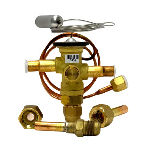 Danfoss 067L6010 7TR Thermostatic expansion valve, TR 6, R410A,R454B,R32 3/8x3/8 in Solder, ODF, 1/4 in Cap. Tube, Flare, Embossed 1-way arrow, 15 to 60 F