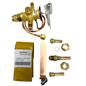 Danfoss 067L6010 7TR Thermostatic expansion valve, TR 6, R410A,R454B,R32 3/8x3/8 in Solder, ODF, 1/4 in Cap. Tube, Flare, Embossed 1-way arrow, 15 to 60 F