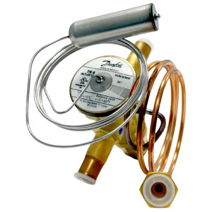 Danfoss 067L6010 7TR Thermostatic expansion valve, TR 6, R410A,R454B,R32 3/8x3/8 in Solder, ODF, 1/4 in Cap. Tube, Flare, Embossed 1-way arrow, 15 to 60 F
