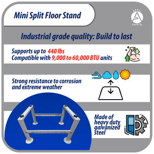 Appli Parts APAB-4440 Soporte de Montaje en Piso para Mini Split. Soporta 200 kg, Compatible desde 9000 a 60000 BTU, Incluye Gomas Antivibracion y Kit Completo de Instalacion. Extensible 56 a 100 cm
