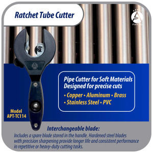 Appli Parts APT-TC114 Cortador de tubos con trinquete 1/4 a 7/8 in (6 a 23 mm) para cobre, aluminio, laton, acero inoxidable y PVC con cuchilla de repuesto diseno ergonomico y duradero