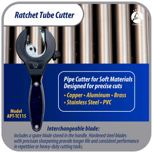 Appli Parts APT-TC115 Cortador de tubos con trinquete 5/16 a 1-1/8 in (8 a 29 mm) para cobre, aluminio, laton, acero inoxidable y PVC con cuchilla de repuesto diseno ergonomico y duradero