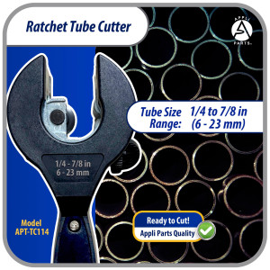 Appli Parts APT-TC114 Cortador de tubos con trinquete 1/4 a 7/8 in (6 a 23 mm) para cobre, aluminio, laton, acero inoxidable y PVC con cuchilla de repuesto diseno ergonomico y duradero