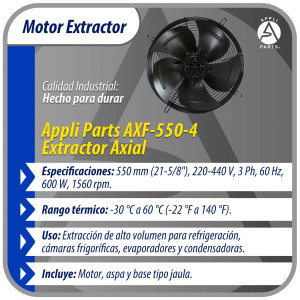 Appli Parts AXF-550-4 21-5/8 in Axial Fan Motor Guard Mounted Fan Blade 220-440V, 3Ph 50-60 Hz 600W 1560 rpm, Universal replacement for Cold Room Evaporators, Condensing Units, Work Temp -22F to 140F