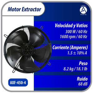 Appli Parts AXF-450-4 Extractor Axial 450 mm (17-3/4 pulg) 220-440 V, 3 ph, 60 Hz, 300 W, 1600 rpm, Rango Temperatura -30 C a 60 C, incluye aspa y base tipo jaula