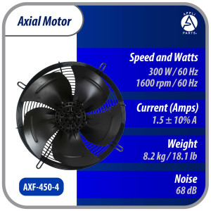 Appli Parts AXF-450-4 Extractor Axial 450 mm (17-3/4 pulg) 220-440 V, 3 ph, 60 Hz, 300 W, 1600 rpm, Rango Temperatura -30 C a 60 C, incluye aspa y base tipo jaula