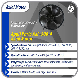 Appli Parts AXF-500-4 Extractor Axial 500 mm (19-3/4 pulg) 220-440 V, 3 ph, 60 Hz, 500 W, 1550 rpm, Rango Temperatura -30 C a 60 C, incluye aspa y base tipo jaula