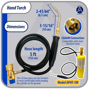 Appli Parts APHT-3W single burner hand torch with 5 ft hose and handle for soldering welding and brazing with map or propane fuel for HVAC and Plumbing 