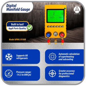 Appli Parts APMG-D100B Digital Manifold Gauge Set for HVAC/R Includes Hoses, Temperature Clamps and Carrying Case -14.5 to 800 psi 88 Refrigerants Superheat and Subcooling Calculation