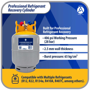Appli Parts APRRC-30 Refrigerant Recovery Cylinder 30 lb, 3.6 US gal, 406 psi Working Pressure, HP295 Steel, Dual Liquid/Vapor Valves, Compatible with R12 R22 R134a R410A R407C and more, HVAC use