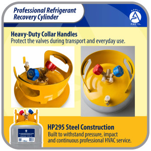 Appli Parts APRRC-30 Refrigerant Recovery Cylinder 30 lb, 3.6 US gal, 406 psi Working Pressure, HP295 Steel, Dual Liquid/Vapor Valves, Compatible with R12 R22 R134a R410A R407C and more, HVAC use
