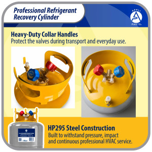 Appli Parts APRRC-50 Refrigerant Recovery Cylinder 50 lb, 6 US gal, 406 psi Working Pressure, HP295 Steel, Dual Liquid/Vapor Valves, Compatible with R12 R22 R134a R410A R407C and more, HVAC use
