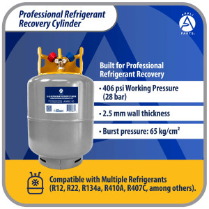 Appli Parts APRRC-50 Refrigerant Recovery Cylinder 50 lb, 6 US gal, 406 psi Working Pressure, HP295 Steel, Dual Liquid/Vapor Valves, Compatible with R12 R22 R134a R410A R407C and more, HVAC use