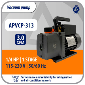 Appli Parts APVCP-313 HVAC Vacuum Pump 3.0 CFM 1/4 HP 1 Stage 115/220 V 50-60 Hz for Heating, Air Conditioning, Automotive AC and Refrigeration, 1/4 and 3/8 in Inlets