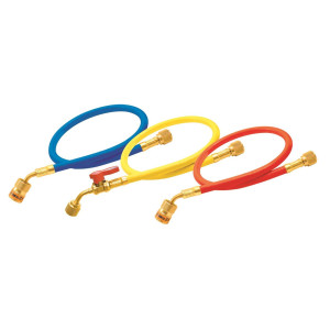 Uniweld EZ5HS Manifold Hoses 60 in Red and Blue with EZ Turn, Yellow with Ball Valve, CFC/HCFC/HFC Compatible with R410A, Anti-Blowback fitting with Soft Magic Barrier hose set