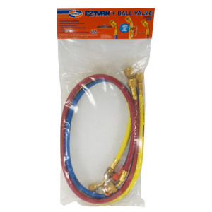 Uniweld EZ5HS Manifold Hoses 60 in Red and Blue with EZ Turn, Yellow with Ball Valve, CFC/HCFC/HFC Compatible with R410A, Anti-Blowback fitting with Soft Magic Barrier hose set