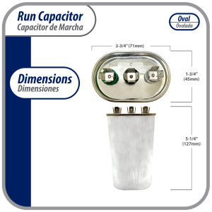 Appli Parts CON-55/5-370 Dual Run Capacitor for ac 55+5 Mfd uF (microfarads) 370VAC CBB65 Oval Universal fit for hvac and other applications 2-3/4in Wide 1-3/4in Depth 5-1/4in High