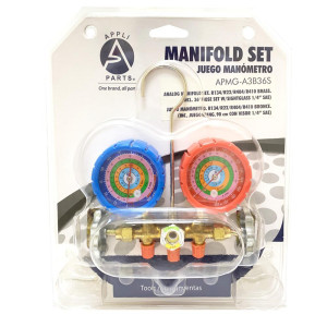 Appli Parts APMG-A3B36S R134, R22, R404, R410 Manifold Gauge Set, Brass Body with Sight-glass, Includes 36 in long 1/4 in SAE Hose Set, Pressure psi, Temperature Fahrenheit Scales