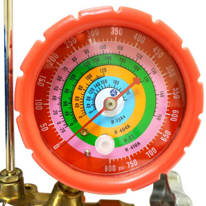 Appli Parts APMG-A3B36S R134, R22, R404, R410 Manifold Gauge Set, Brass Body with Sight-glass, Includes 36 in long 1/4 in SAE Hose Set, Pressure psi, Temperature Fahrenheit Scales