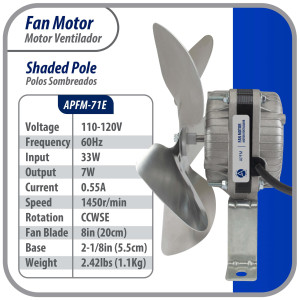 Appli Parts APFM-71E Motor Ventilador 7W Condensador y Evaporador 115V 60Hz 0.55A, Incluye Aspa de Aluminio de 20cm y Base de Montaje, Repuesto Universal para Equipos de Refrigeracion Comercial