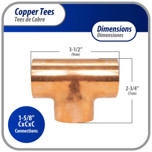 Appli Parts AP-T158 1-5/8 in Wrot Copper Tee CxCxC connections for refrigeration, air conditioning and plumbing applications ACR and Type L copper pipe