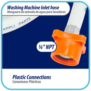 Appli Parts APIH-5934E2 5 ft Washing Machine Inlet Hose with 3/4 in nylon female connector straight and 90 degree elbow female connector with gaskets, PVC extra durable White hose