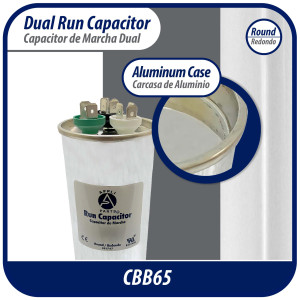 Appli Parts Dual Run Capacitor for ac 75+5 Mfd uF (microfarads) 370VAC or 450VAC CBB65 Round Universal fit for hvac and other applications 5-5/8 in High 2-1/4 in Wide CON-75/5-450