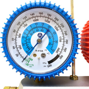 Appli Parts APMG-A1A36S R410A Manifold Gauge Set Dual Scale kPa/psi and Temperature Fahrenheit and Celsius, Aluminum Body with Sight Glass, Includes 90 cm Hoses 5/16 SAE Red Blue and 1/4 SAE Yellow