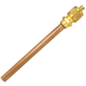 Appli Parts Valvula de acceso de 1/4 SAE x 1/4 pulg OD x con vastago de cobre de 10cm de largo con nucleo y tapa de laton con removedor de nucleo y empacadura APVS-14144