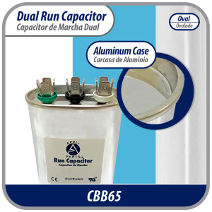 Appli Parts Dual Run Capacitor for ac 20+5 Mfd uF (microfarads) 370VAC CBB65 Oval Universal fit for hvac and other applications  2-3/4 in Wide 1-3/4 in Depth 4-1/4 in Height CON-20/5-370