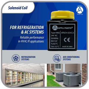 Appli Parts APSOV-024CA Bobina Valvula Solenoide AC 24 V, 50/60 Hz, compatible con todos los refrigerantes fluorados CFC, HCFC y HFC, valvula no incluida