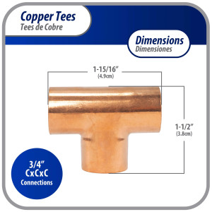 Appli Parts AP-T034 3/4 in Wrot Copper Tee CxCxC connections for refrigeration, air conditioning and plumbing applications ACR and Type L copper pipe