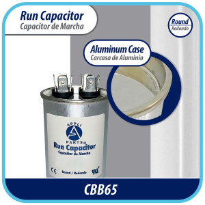 Appli Parts Run Capacitor for ac 4 Mfd uF (microfarads) 370 VAC or 450 VAC CBB65 Round Universal fit for hvac and other applications 2-1/2 in High 1-1/2 in Wide CON-4-450