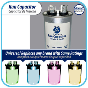 Appli Parts Run Capacitor for ac 4 Mfd uF (microfarads) 370 VAC or 450 VAC CBB65 Round Universal fit for hvac and other applications 2-1/2 in High 1-1/2 in Wide CON-4-450