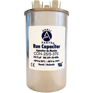 Appli Parts Dual Run Capacitor for ac 25+5 Mfd uF (microfarads) 370VAC CBB65 Round Universal fit for hvac and other applications 2 in Wide 3-3/4 in Height CON-25/5-370-R

