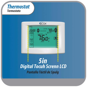 Ecox 7 Day Programmable air conditioning thermostat digital for home or office Touch Screen 5in LCD Backlit display 1 stage, 1C/1H cooling and heating battery (2xAA not Included) or 24 Volt Operated 