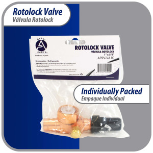 Appli Parts APRV-VA10 Valvula Rotolock V10 1 pulg x 5/8 pulg Soldable con puertos de acceso de 1/4 pulg Universal para sistemas de refrigeracion y aire acondicionado
