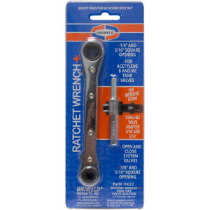 Uniweld 70022 Ratchet Wrench, 1/4 and 3/16 in Square opening, 3/8 and 5/16 in Square opening, with 3/16 and 5/16 in Dual Hex Valve Adapter