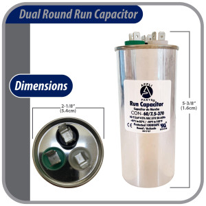 Appli Parts Dual Run Capacitor for ac 60+7.5 Mfd uF (microfarads) 370VAC CBB65 Round Universal fit for hvac and other applications 2-1/8 in Wide 5-3/8 in Height CON-60/7.5-370-R


